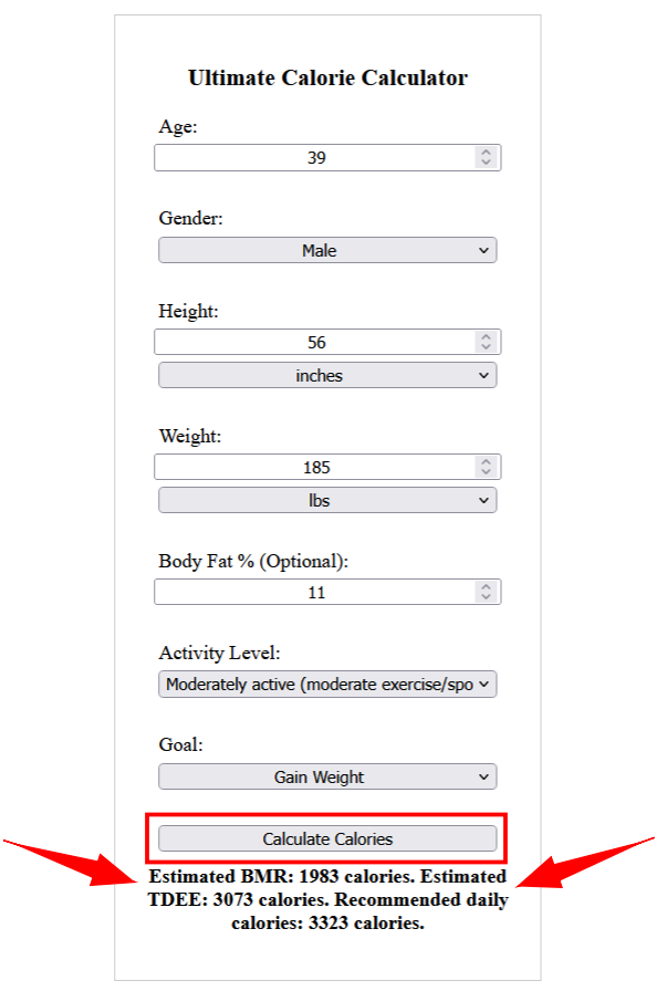 Ultimate Calorie Calculator Snapshot with red arrows